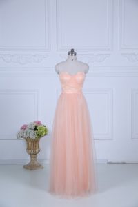 Simple Floor Length Zipper Dama Dress Peach for Wedding Party with Ruching
