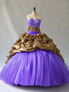 Hot Sale Sleeveless Organza and Printed Brush Train Lace Up Quinceanera Dresses in Lavender with Beading and Pick Ups