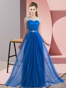 Blue Lace Up Scoop Beading Quinceanera Court of Honor Dress Chiffon Sleeveless