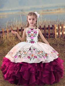 Fuchsia Sleeveless Floor Length Embroidery and Ruffles Lace Up Little Girl Pageant Dress