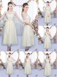 Enchanting Tea Length Champagne Damas Dress Scoop Sleeveless Lace Up