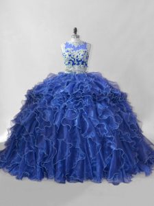 Custom Fit Scoop Sleeveless Brush Train Zipper Quince Ball Gowns Blue Organza