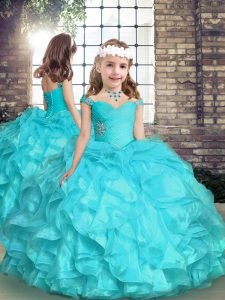 Aqua Blue Sleeveless Beading and Ruffles Floor Length Pageant Gowns For Girls