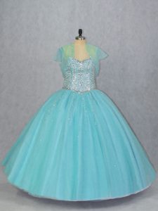 Floor Length Lace Up Sweet 16 Dresses Aqua Blue for Sweet 16 and Quinceanera with Beading