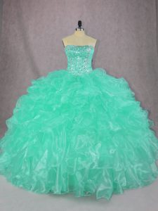 Stunning Strapless Sleeveless Lace Up 15 Quinceanera Dress Turquoise Organza