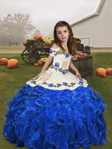 Sleeveless Organza Floor Length Lace Up Kids Formal Wear in Royal Blue with Embroidery and Ruffles