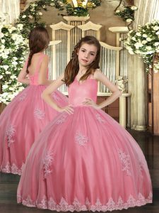 Ball Gowns Girls Pageant Dresses Watermelon Red Straps Tulle Sleeveless Floor Length Lace Up