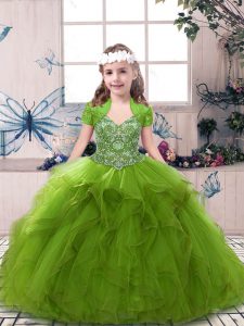 Trendy Olive Green Straps Neckline Beading Little Girl Pageant Dress Sleeveless Lace Up