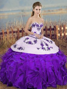 Vintage White And Purple Quinceanera Gown Military Ball and Sweet 16 and Quinceanera with Embroidery and Ruffles and Bowknot Sweetheart Sleeveless Lace Up