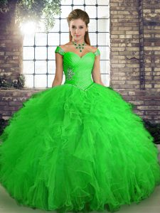 Sweet Sleeveless Floor Length Beading and Ruffles Lace Up Quinceanera Dress with Green