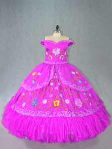 Fuchsia Sleeveless Embroidery Floor Length Sweet 16 Dress