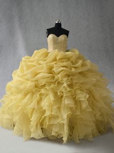 Adorable Yellow Organza Lace Up Sweetheart Sleeveless Floor Length Quinceanera Gowns Beading and Ruffles
