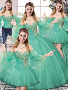 Sophisticated Sleeveless Floor Length Beading Lace Up Sweet 16 Quinceanera Dress with Turquoise