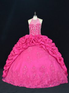 Hot Pink Taffeta Lace Up Halter Top Sleeveless Sweet 16 Dress Beading and Appliques and Embroidery and Pick Ups