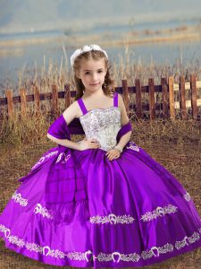 Excellent Purple Ball Gowns Beading and Embroidery Little Girls Pageant Gowns Lace Up Satin Sleeveless Floor Length
