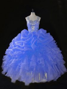 Fashionable Floor Length Blue Sweet 16 Dresses Organza Sleeveless Beading and Ruffles