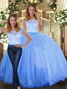 Blue Two Pieces Scoop Sleeveless Tulle Floor Length Clasp Handle Lace Quinceanera Gowns