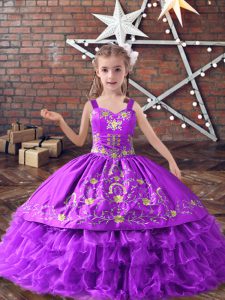 New Arrival Satin and Organza Straps Sleeveless Lace Up Embroidery and Ruffled Layers Little Girls Pageant Gowns in Lavender