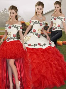 White And Red Three Pieces Off The Shoulder Sleeveless Organza Floor Length Lace Up Embroidery and Ruffles Ball Gown Prom Dress