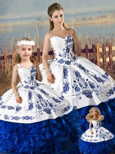 Fantastic Blue And White Sweetheart Neckline Embroidery and Ruffles 15 Quinceanera Dress Sleeveless Lace Up