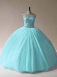 Colorful Sleeveless Floor Length Beading Lace Up Quinceanera Gown with Aqua Blue