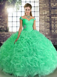 Trendy Sleeveless Fabric With Rolling Flowers Floor Length Lace Up Ball Gown Prom Dress in Turquoise with Beading