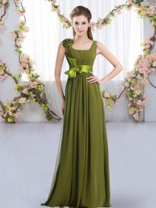 Olive Green Quinceanera Court of Honor Dress Wedding Party with Belt and Hand Made Flower Straps Sleeveless Zipper