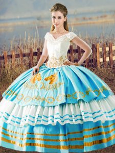 Low Price Blue And White Ball Gowns Organza V-neck Sleeveless Embroidery and Ruffled Layers Floor Length Lace Up Quinceanera Dresses