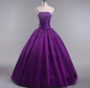 Modest Eggplant Purple 15th Birthday Dress Sweet 16 and Quinceanera with Beading and Ruching Strapless Sleeveless Lace Up