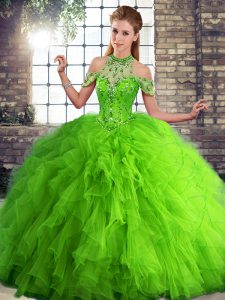 Tulle Halter Top Sleeveless Lace Up Beading and Ruffles 15th Birthday Dress in Green