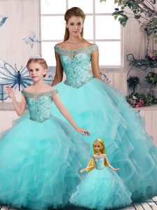 Deluxe Floor Length Aqua Blue 15th Birthday Dress Off The Shoulder Sleeveless Lace Up