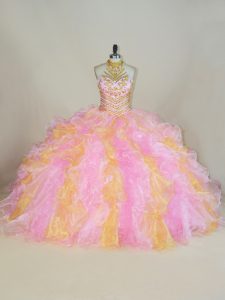 Multi-color Organza Lace Up Sweet 16 Quinceanera Dress Sleeveless Floor Length Beading and Ruffles