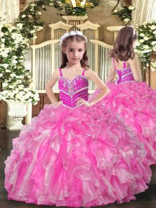 Rose Pink Organza Lace Up Girls Pageant Dresses Sleeveless Floor Length Beading and Ruffles