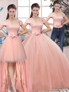Fantastic Floor Length Pink Sweet 16 Dress Tulle Short Sleeves Lace and Hand Made Flower