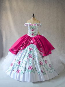 Dramatic Off The Shoulder Sleeveless Lace Up Sweet 16 Dress Pink And White Organza