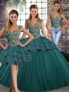 Sexy Three Pieces Sweet 16 Quinceanera Dress Green Straps Tulle Sleeveless Floor Length Lace Up