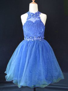 Perfect Sleeveless Organza Mini Length Lace Up Little Girl Pageant Gowns in Blue with Beading and Lace