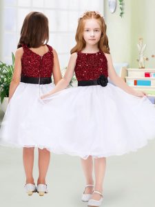 White A-line Scoop Sleeveless Organza Knee Length Zipper Sequins and Hand Made Flower Child Pageant Dress