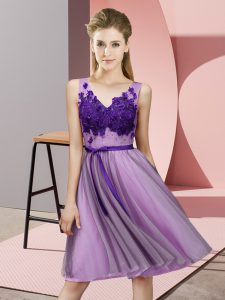 Fantastic Sleeveless Knee Length Appliques Lace Up Court Dresses for Sweet 16 with Lavender