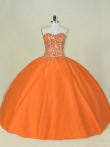 Orange Mermaid Tulle Sweetheart Sleeveless Beading Floor Length Lace Up Quinceanera Gown