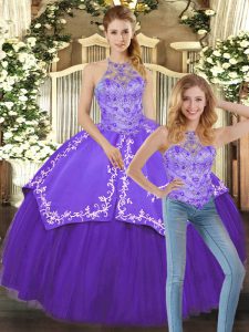 Beading and Embroidery Vestidos de Quinceanera Purple Lace Up Sleeveless Floor Length
