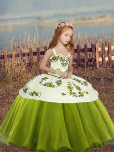 Olive Green Sleeveless Embroidery Floor Length Little Girls Pageant Gowns