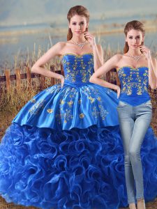 Customized Royal Blue Sleeveless Brush Train Embroidery and Ruffles Vestidos de Quinceanera