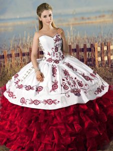 Customized Red Organza Lace Up Sweetheart Sleeveless Floor Length Vestidos de Quinceanera Embroidery and Ruffles