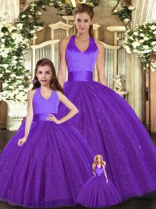 Lovely Purple Ball Gowns Ruching Quinceanera Gowns Lace Up Tulle Sleeveless Floor Length