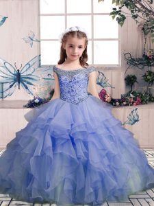 Off The Shoulder Sleeveless Lace Up Kids Formal Wear Lavender Organza