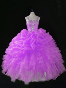 Floor Length Zipper Sweet 16 Dresses Lilac for Sweet 16 and Quinceanera with Sequins and Pick Ups