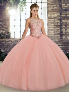 Peach Sleeveless Tulle Lace Up Quinceanera Gowns for Military Ball and Sweet 16 and Quinceanera