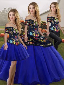 Royal Blue Sleeveless Floor Length Embroidery Lace Up Ball Gown Prom Dress