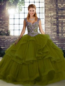 Deluxe Olive Green Tulle Lace Up Straps Sleeveless Floor Length Sweet 16 Dresses Beading and Ruffles